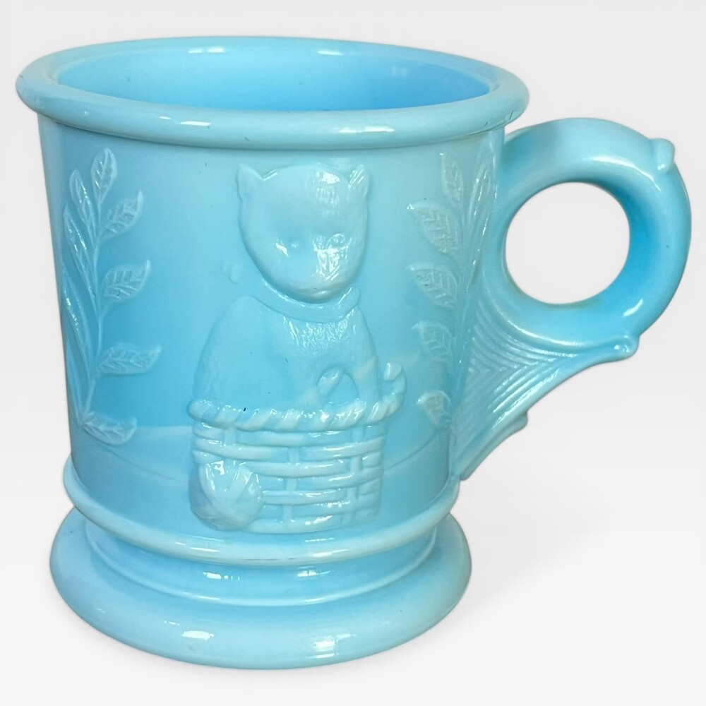 VTG EAPG Childs Glass Mug Mosser Dog on Drum Cat in Basket Blue Milk Depression